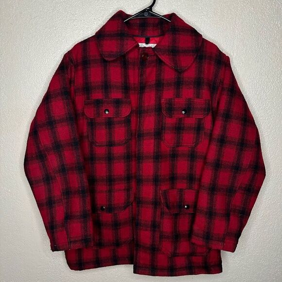 Vintage 80s Woolrich Men Size 36 Buffalo Plaid Wool Bird Hunting Jacket Mackinaw - Picture 2 of 6
